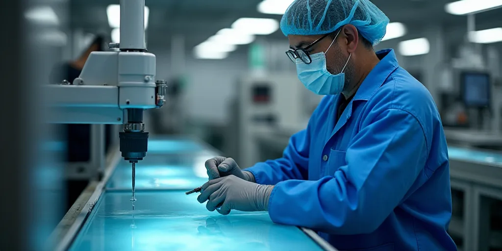 a person in a blue coat and mask working on a machine in a factory with a glass table with a liquid