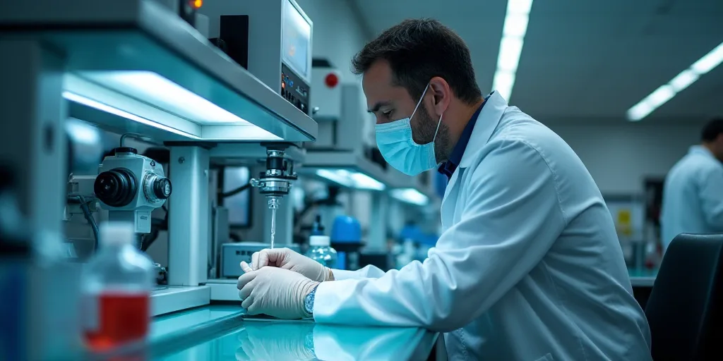 a person in a lab coat and mask working on a machine with a glass table in front of it, Dahlov Ipcar