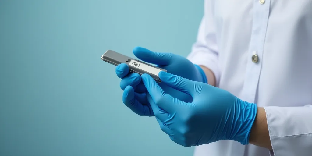 a person in a white shirt and blue gloves holding a small device in their hand with a micro chip att