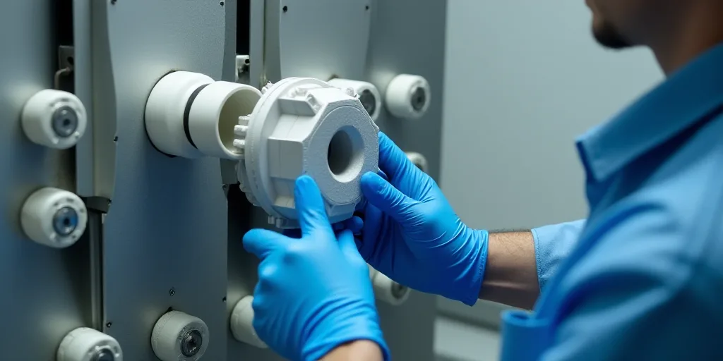 a person in blue gloves and gloves is holding a contraption in front of a machine with white contrap