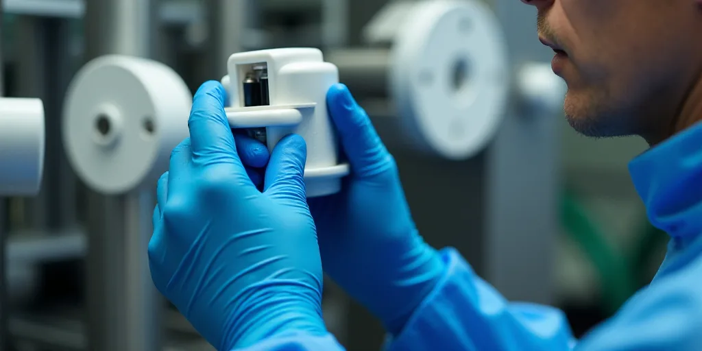 a person in blue gloves and gloves is holding a contraption in front of a machine with white contrap