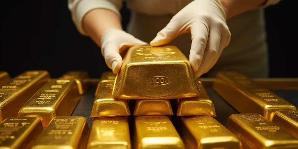 a person in white gloves holding a gold bar over a pile of gold bars on a table with other gold bars