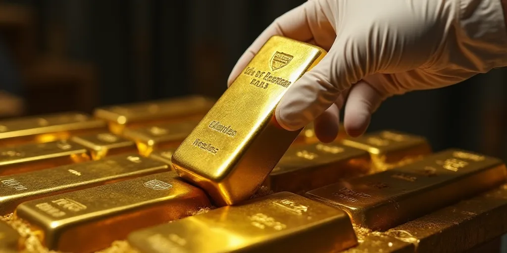 a person in white gloves holding a gold bar over a pile of gold bars on a table with other gold bars