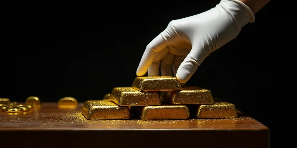 a person in white gloves is reaching for gold bars on a table with other gold bars on it and a black