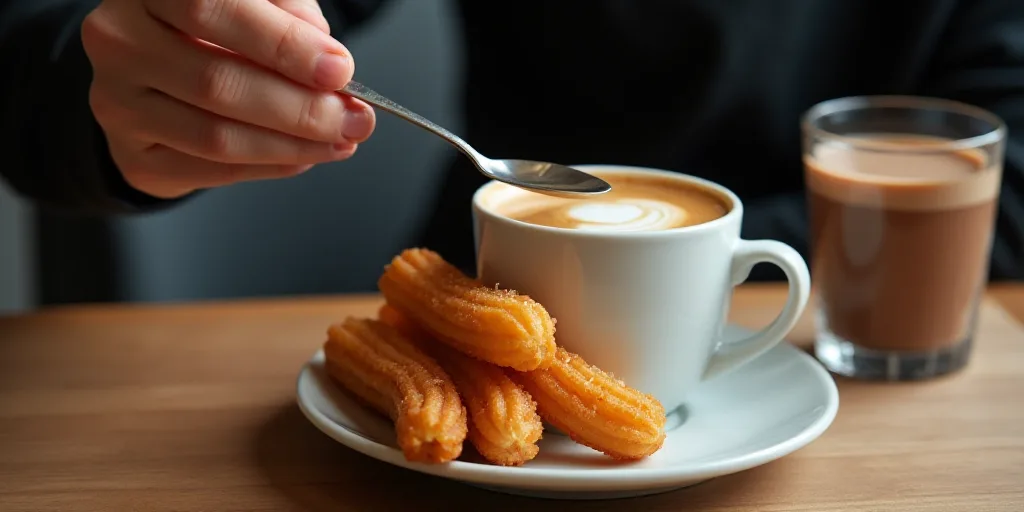 a person is dipping a cup of coffee into some churros with a spoon in it and a glass of chocolate, C