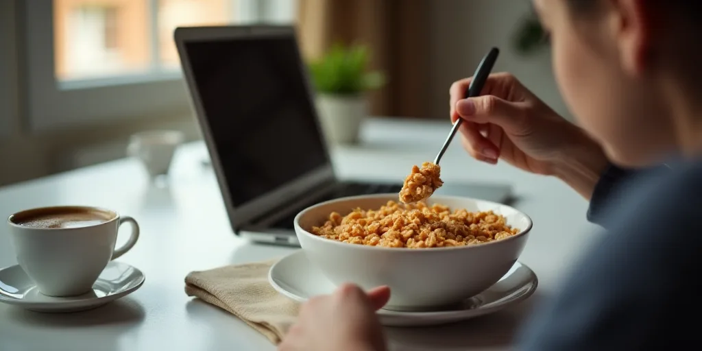 a person is eating cereal out of a bowl near a laptop computer on a desk with a cup of coffee, Chipp