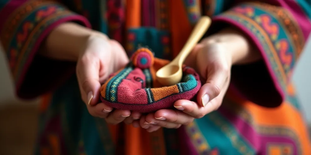 a person is holding a colorful piece of cloth in their hands and a wooden spoon in their other hand,