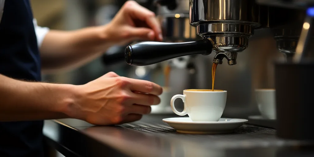 a person is making a cup of coffee at a coffee shop with a coffee maker and a coffee machine, Évari
