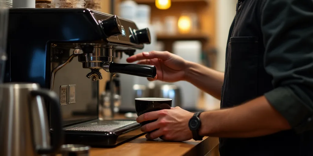 a person is making a cup of coffee at a coffee shop with a coffee maker and a coffee machine, Évari