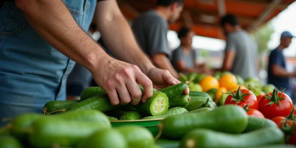 a person is picking up a cucumber at a market stall with other people in the background and a worker