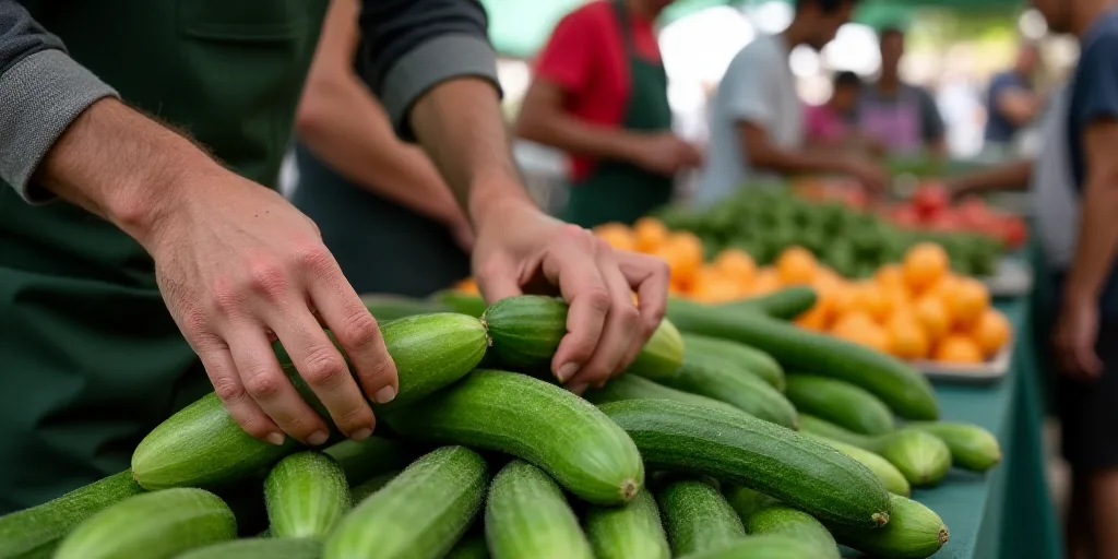 a person is picking up a cucumber at a market stall with other people in the background and a worker