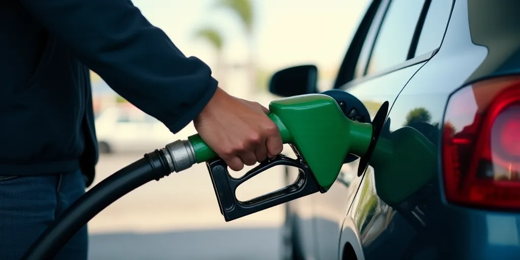 a person is pumping gas into a car at a gas station, with a hose running through the gas tank, Andri