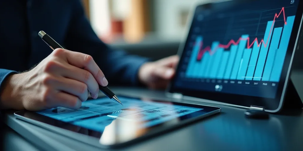a person is using a laptop and a tablet with a graphic of graphs on it and a person is holding a pen