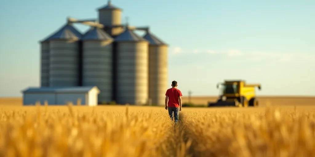 a person is walking near a large grain silo in a field of grass and a yellow machine is in the backg