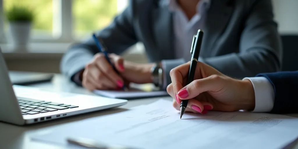 a person is writing on a paper with a pen and a laptop in the background, and a person is sitting at