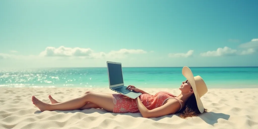 a person laying on a beach with a laptop computer on their lap and a hat on their head,, Evelyn Abel