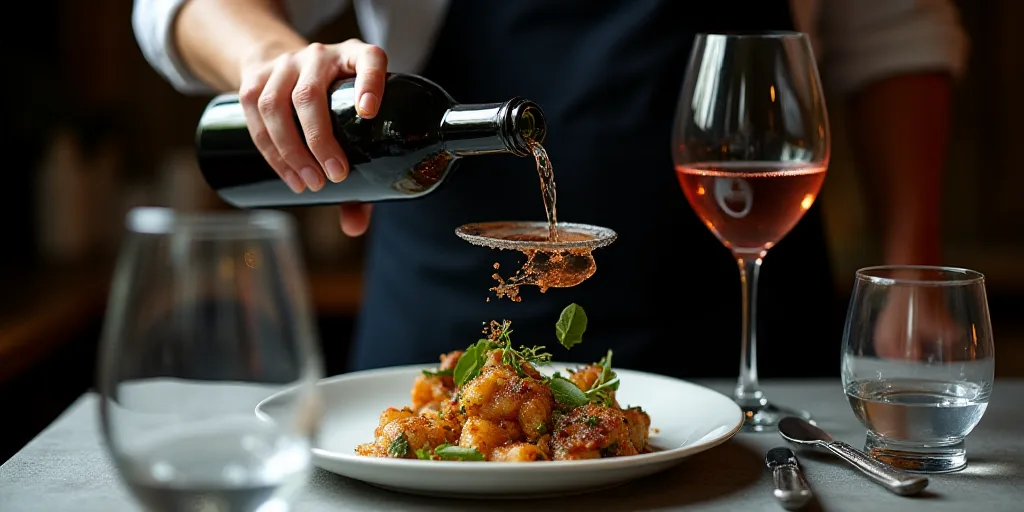 a person pouring wine into a glass on a plate with food on it and wine glasses on the table, Anson M