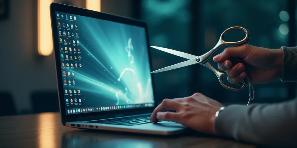 a person pulling a laptop with a pair of scissors to pull it off of the screen with a string, Andrie