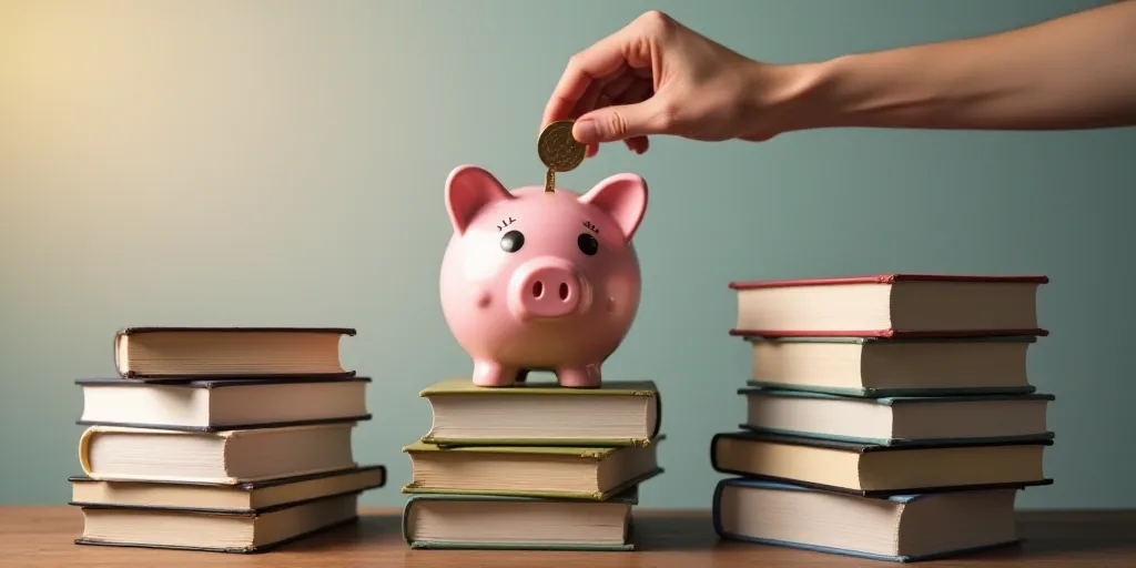a person putting a coin into a piggy bank on top of a pile of books and stacks of books, Évariste V