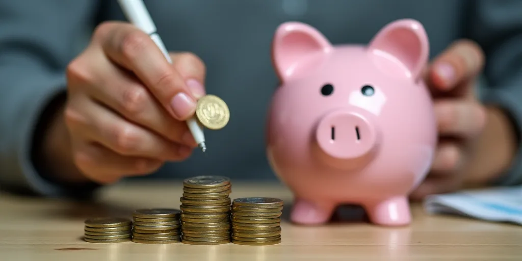 a person putting coins in a piggy bank and putting them in a stack of coins with a pen, Andries Stoc