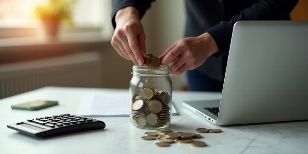 a person putting money in a jar on a table with a calculator and a laptop on the table, Andries Stoc