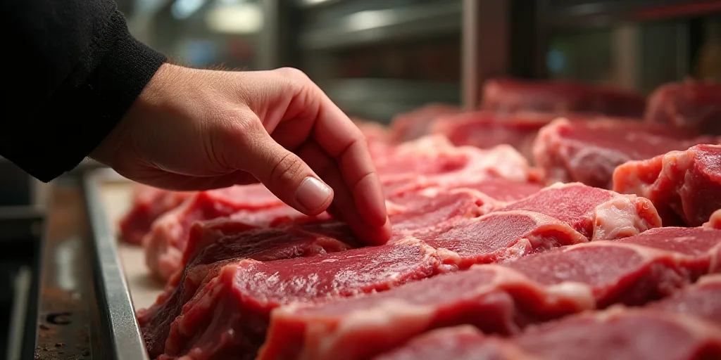 a person reaching for some meat in a display case at a store or restaurant, with other meats in the