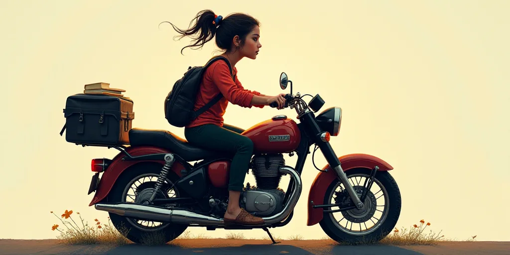 a person sitting on a motorcycle with a book and a backpack on it's back and a logo on the back of t