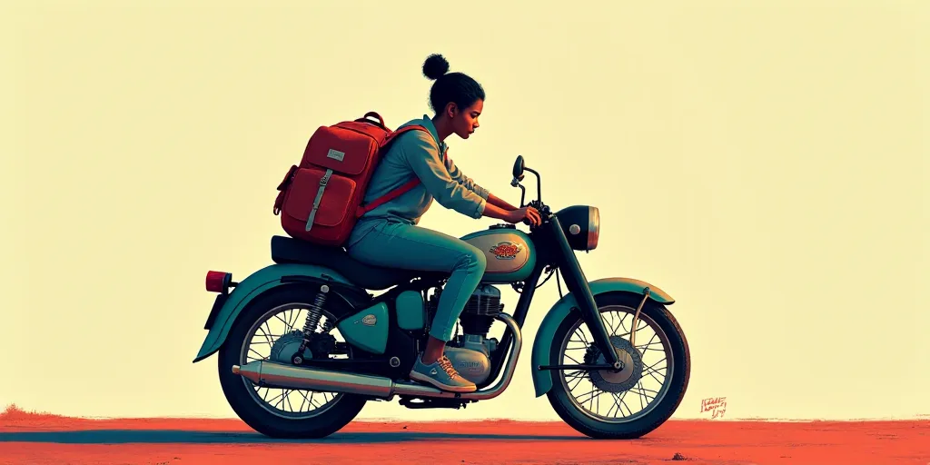a person sitting on a motorcycle with a book and a backpack on it's back and a logo on the back of t