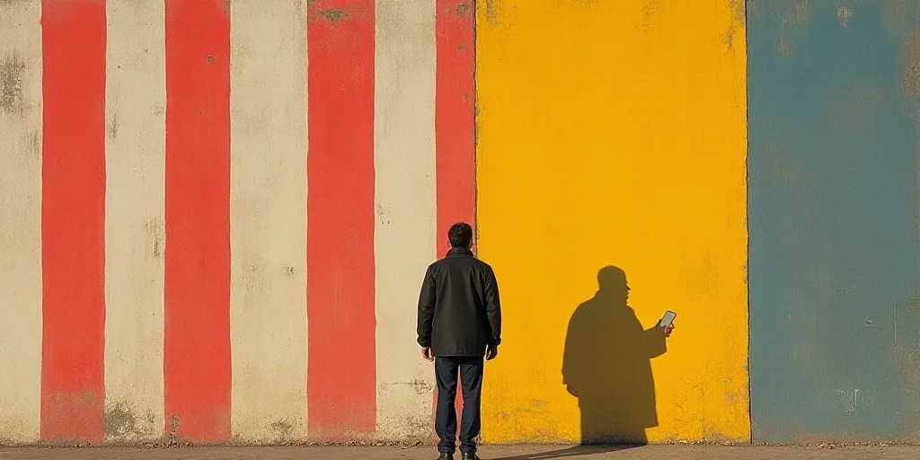 a person standing in front of a flag and a shadow of a person holding a cell phone in front of a wal
