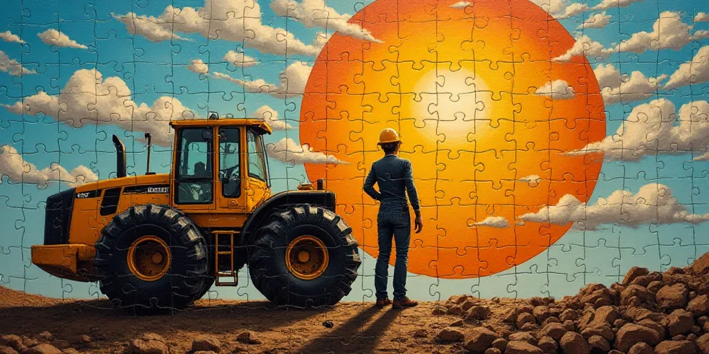 a person standing next to a machine with a sun in the background and a sky background with clouds an