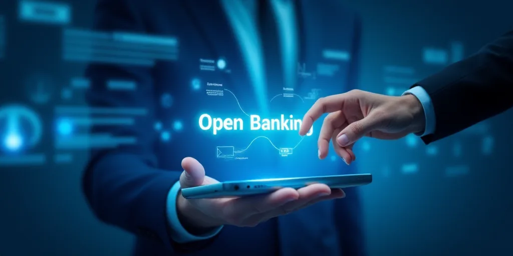 a person touching a screen with a hand on it that says open banking on it and a blue background, And