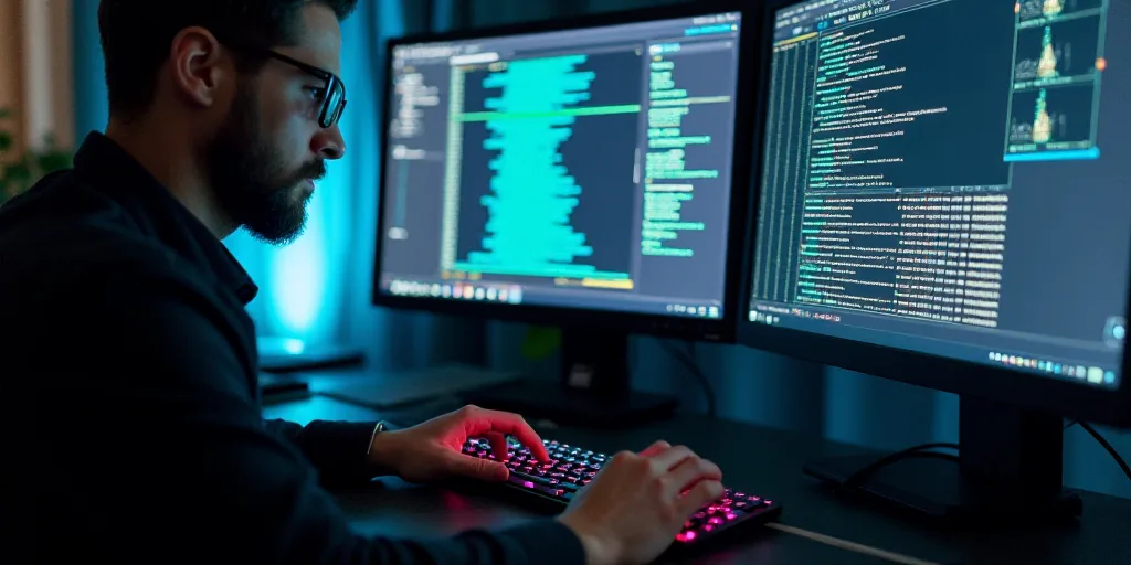 a person typing on a keyboard in front of two monitors with screens behind them that are displaying