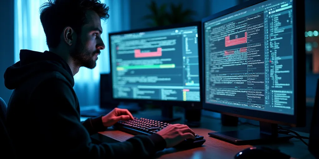 a person typing on a keyboard in front of two monitors with screens behind them that are displaying