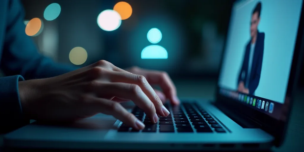 a person typing on a keyboard with a person icon above it and a person on a computer screen in the b