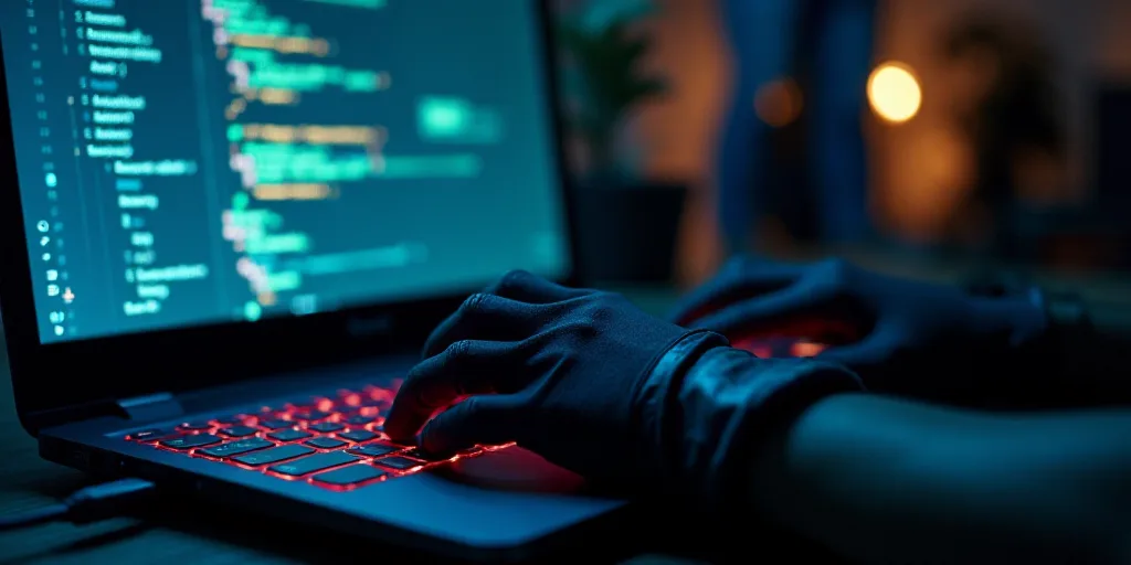 a person typing on a laptop keyboard with a glove on it's hand and a computer screen in the backgrou