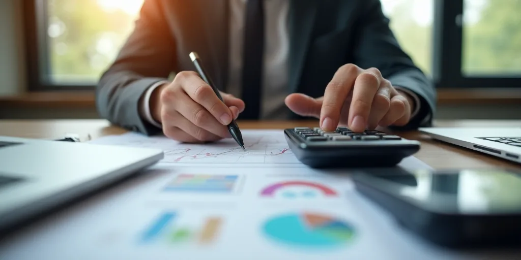 a person using a calculator and a pen to check the balances on a table with a laptop, Andries Stock,