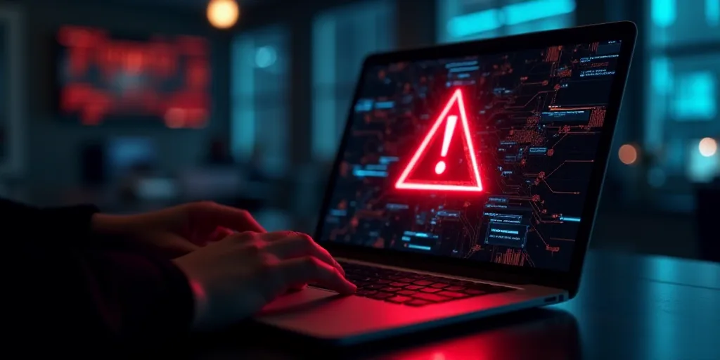 a person using a laptop with a red warning symbol on the screen and a red warning symbol on the scre
