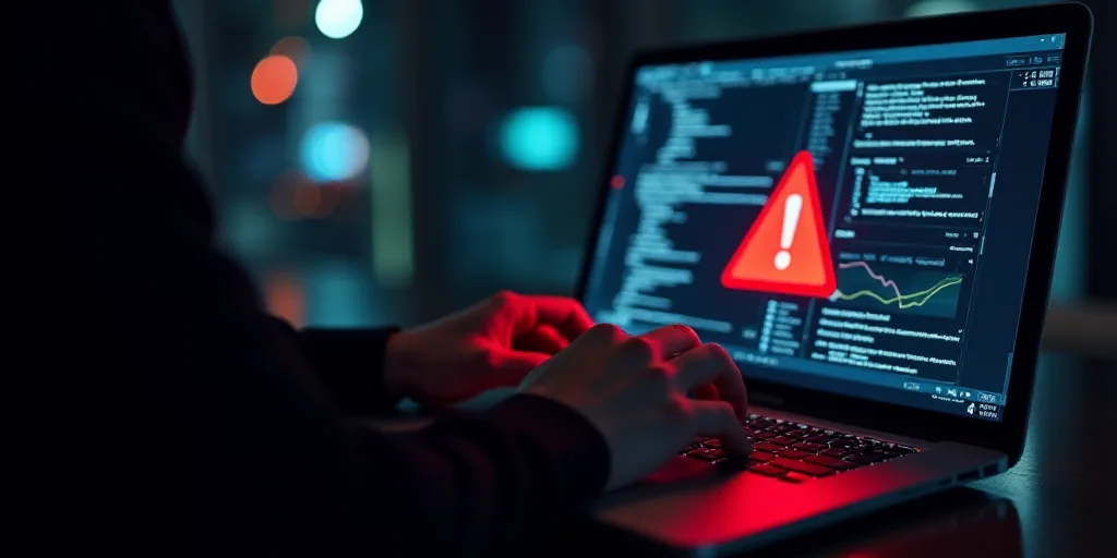 a person using a laptop with a red warning symbol on the screen and a red warning symbol on the scre