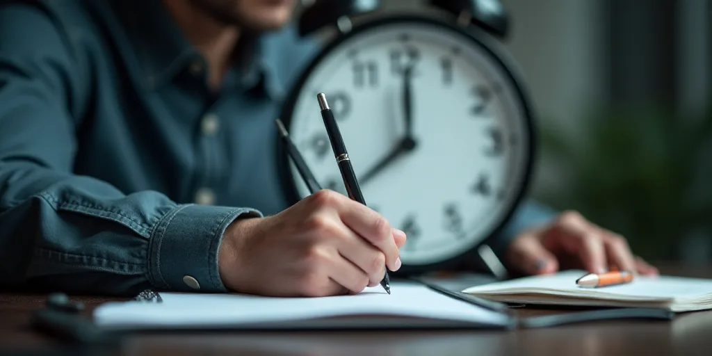 a person writing on a notebook in front of a clock with a pen and paper in front of them, Andries St