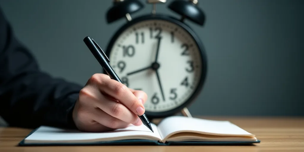 a person writing on a notebook in front of a clock with a pen and paper in front of them, Andries St