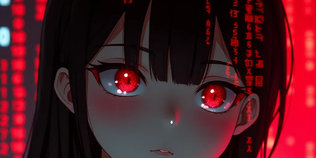 a person's eye is shown in front of a computer screen with numbers on it and a red background, Ai-Mi