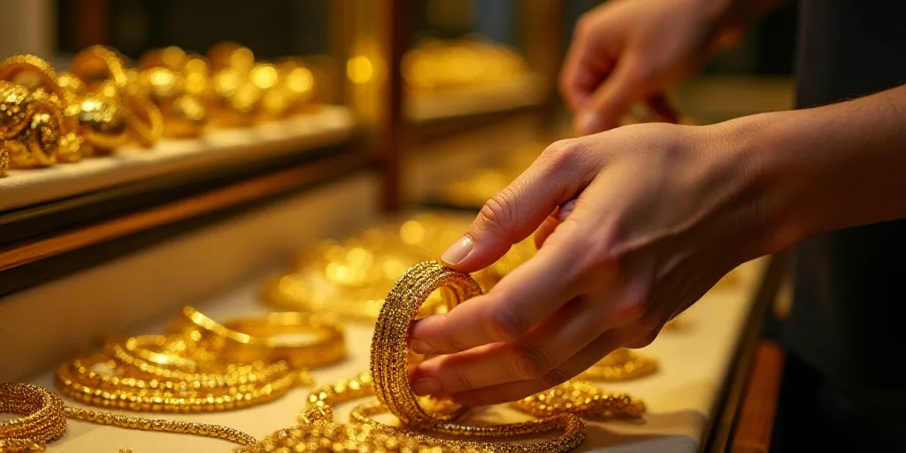 a person's hand on a gold bracelet in a store display case filled with gold jewelry and bracelets, D