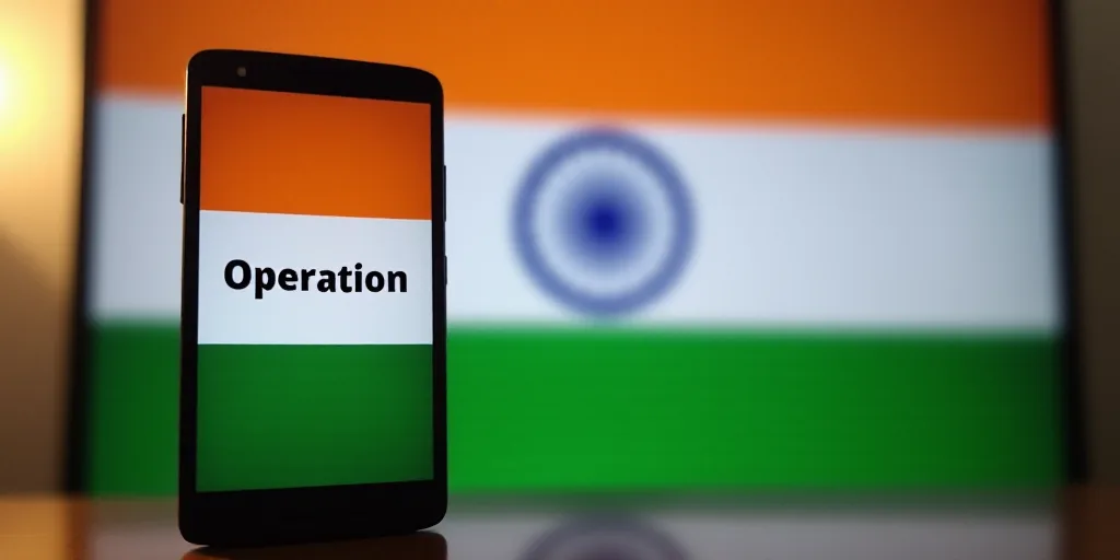 a phone with the word operation on it in front of a flag of india and the indian flag in the backgro