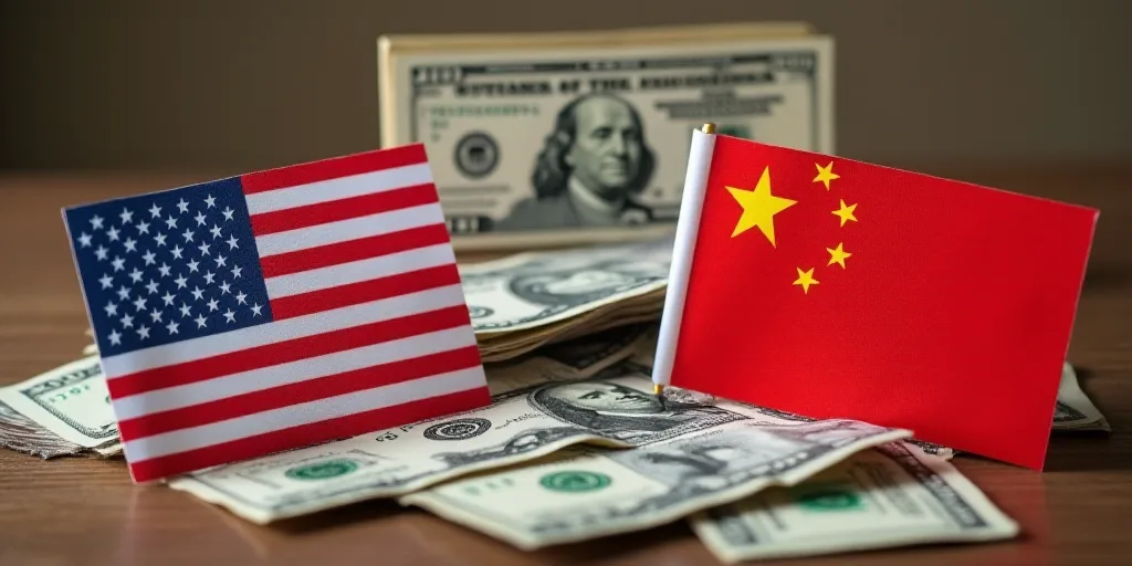 a pile of chinese and american flags and money on a table with a us dollar bill in the background, C