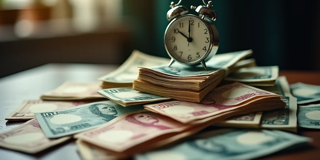 a pile of different currency sitting on top of each other on a table top with a clock on it, Aquirax