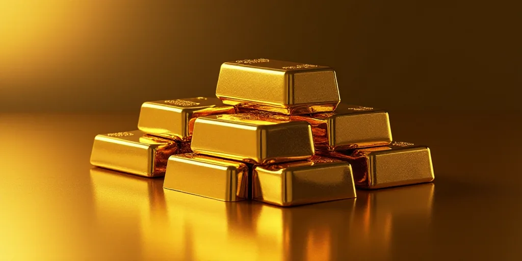 a pile of gold bars sitting on top of each other on a table next to a pile of other gold bars, Andri