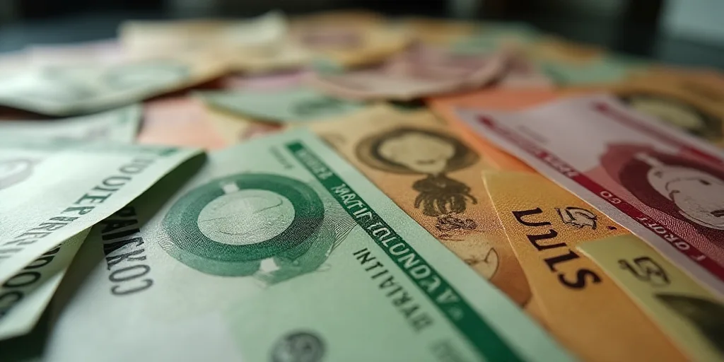 a pile of mexican currency sitting on top of each other on a table top with a lot of money, Charles