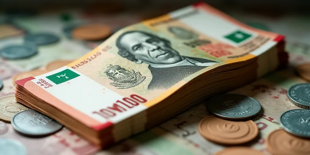 a pile of mexican currency sitting on top of each other on a table top with a lot of money, Aquirax