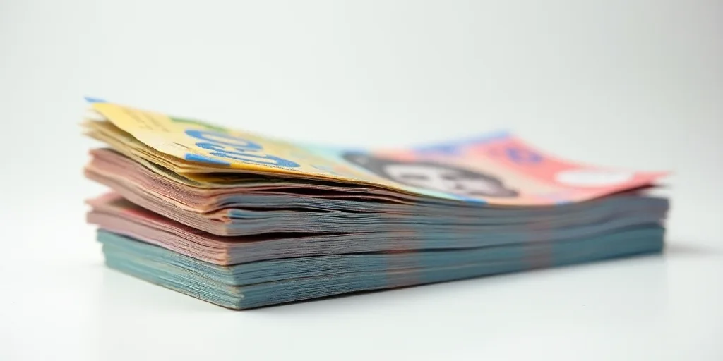 a pile of mexican currency sitting on top of each other on a table top with a white background and a