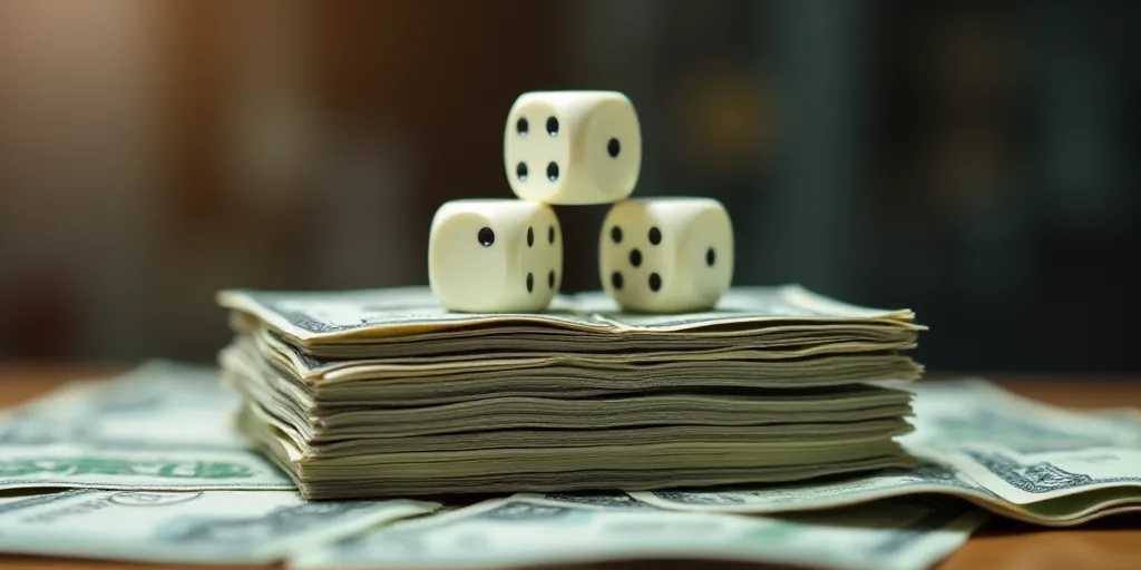 a pile of money sitting on top of a table next to a pile of dice and money notes on top of each othe